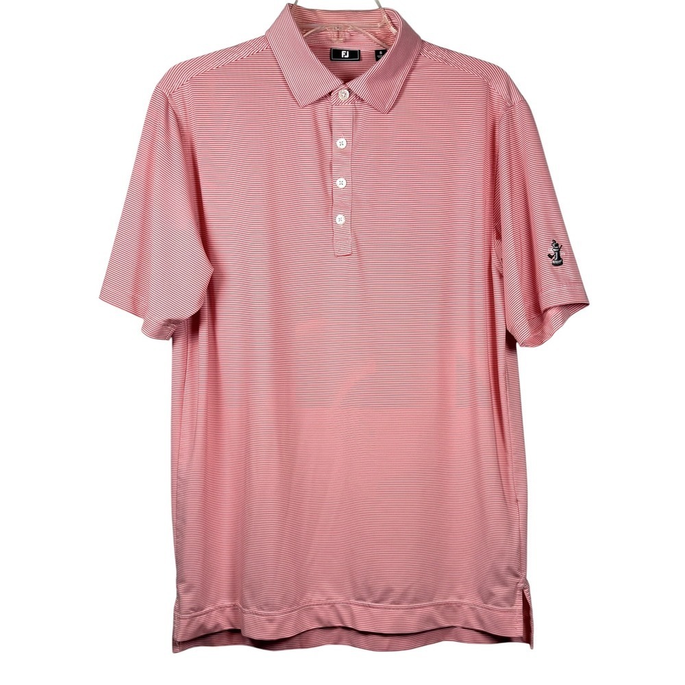 FootJoy Athletic Fit Golf Polo, Red and White Pinstripes, Chess Logo, Size Small